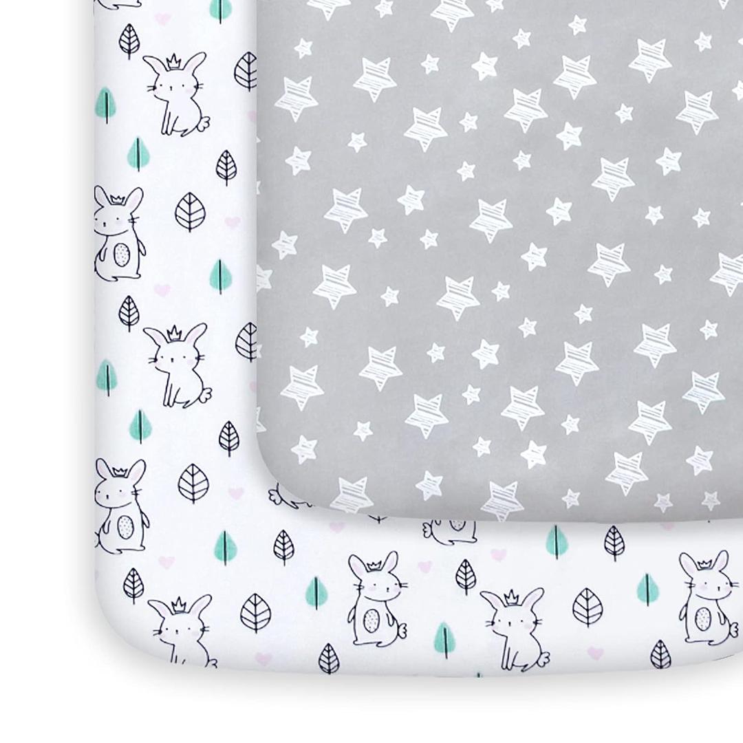 Pack and Play Sheets Mini Crib Sheets, Stretchy Playard Fitted Sheet, Compatible with Graco Pack n Play, Soft and Breathable Material, Stars & Bunny