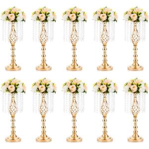 10 Pcs 19.3 inches Tall Crystal Flower Stand Wedding Road Lead Tall Flower Holders Centerpiece Crystal Flower Chandelier Metal Flower Vase for Reception Tables Wedding Supplies