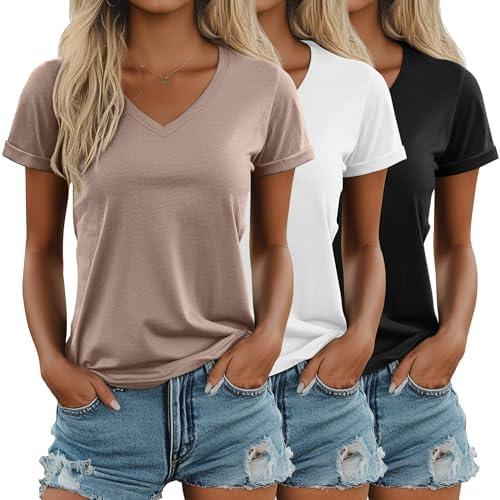 Ficerd 3 Pack Women's V Neck T Shirts, Cotton Summer Casual Short Sleeve Tops Loose Fit Rolled Sleeve Tees 2025 Trendy Shirts, XXL