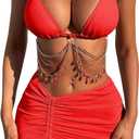 COZYEASE Women's 3 Piece Bikini Set Backless Halter Neck Triangle Chain Swimsuit Set with Beach Skirt (Red), Medium