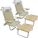 Folding Backpack Beach Chair 2 Pack Aluminum 5-Position with Samll Camping Table Bamboo Lay Flat Lounge Chair Outdoor for Adults with Insulated Cooler Bag (Khaki)