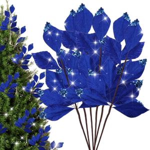 6 Pcs Christmas Artificial Velvet Glitter Magnolia Leaf Glittered Spray Picks 20" Fake Floral Leaf Branches Xmas Decoration for Christmas Tree DIY Crafts Gift Home Garden Decor(Navy Blue)