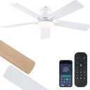 White Ceiling Fan with Lights - 52" Flush Mount Ceiling Fan with Remote and Dimmable LED Light, 5 Dual-Sided Blades, 3CCT 6 Speeds, Modern Low Profile Ceiling Fan for Indoor and Outdoor Patios