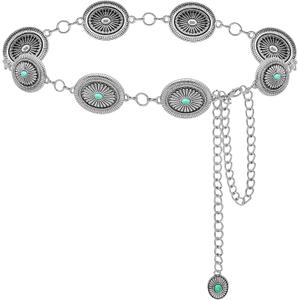LIMHOO Western Chain Belt for Women Turquoise Concho Metal Waist Chain Cowgirl Country Belt (L: Length: 135cm/53.1in, Fits waist up to 46in, Oval Silver)