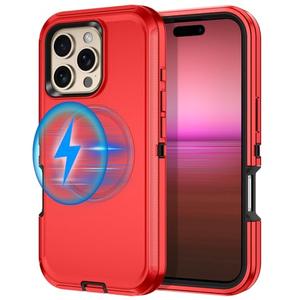 I-HONVA for iPhone 16 Pro Max Case [Compatible with MagSafe] Shockproof 3-Layer Full Body Protection [Without Screen Protector] Rugged Heavy Duty Cover Case for Apple iPhone 16 Pro Max 6.9",Red/Black