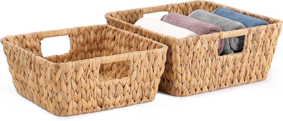 Square Water Hyacinth Storage Baskets Set of 2, Woven Basket for Christmas Gifts Empty, Handwoven Wicker Baskets Organizers with Handles for Pantry, Living RoomShelf & Home Decor,Medium