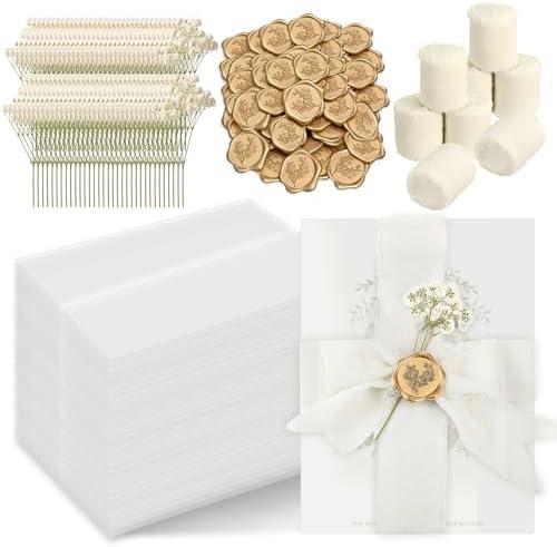 Wedding Invitation Accessories Kit, Pre-Folded Vellum Jackets for 5×7 Invitations with Wax Seal Stickers, Ribbon & Dried Flowers, Elegant Wedding Invitation Accessories for DIY Bridal Invites (Off-White, 50)