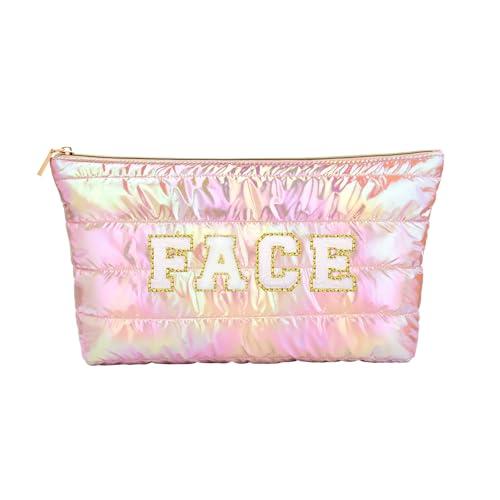 Hiroyuki Iridescent Makeup Bag, 14 inches Cosmetic Bag, Large Capacity Travel Pouch (Face, pink)