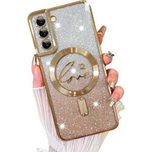 4 x Fiyart Designed for Samsung Galaxy S21 Case,Compatible with MagSafe Love Heart Plating Camera Protection Clear Glitter Magnetic for Women Girls Shockproof Phone Cover Bumper 6.1"-Gold