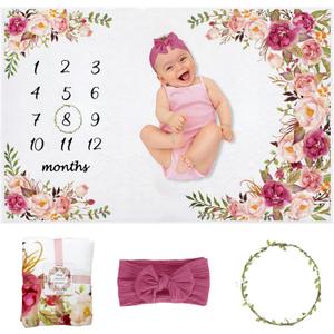 Baby Monthly Milestone Blanket Girl, Milestone Blanket for Baby Girl, Track Growth and Age, Newborn Shower Gifts for Mom, Includes Floral Wreath & Pink Bow Headband, 60" X 40"