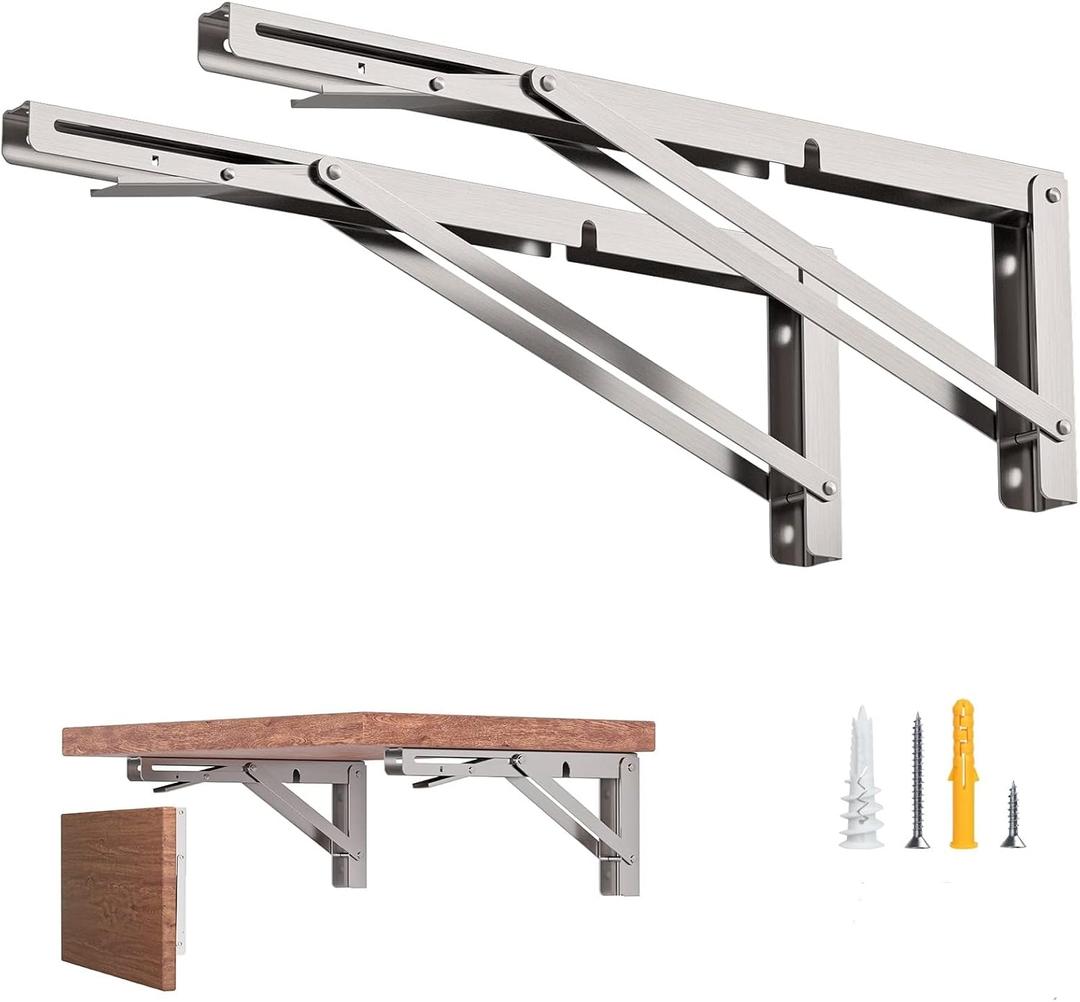 14-Inch Foldable Brackets for DIY Folding Shelves or Tables, L Shelf Brackets Collapsible, Heavy Duty Stainless Steel, Max Load 300lbs, Silver, 2 Pcs