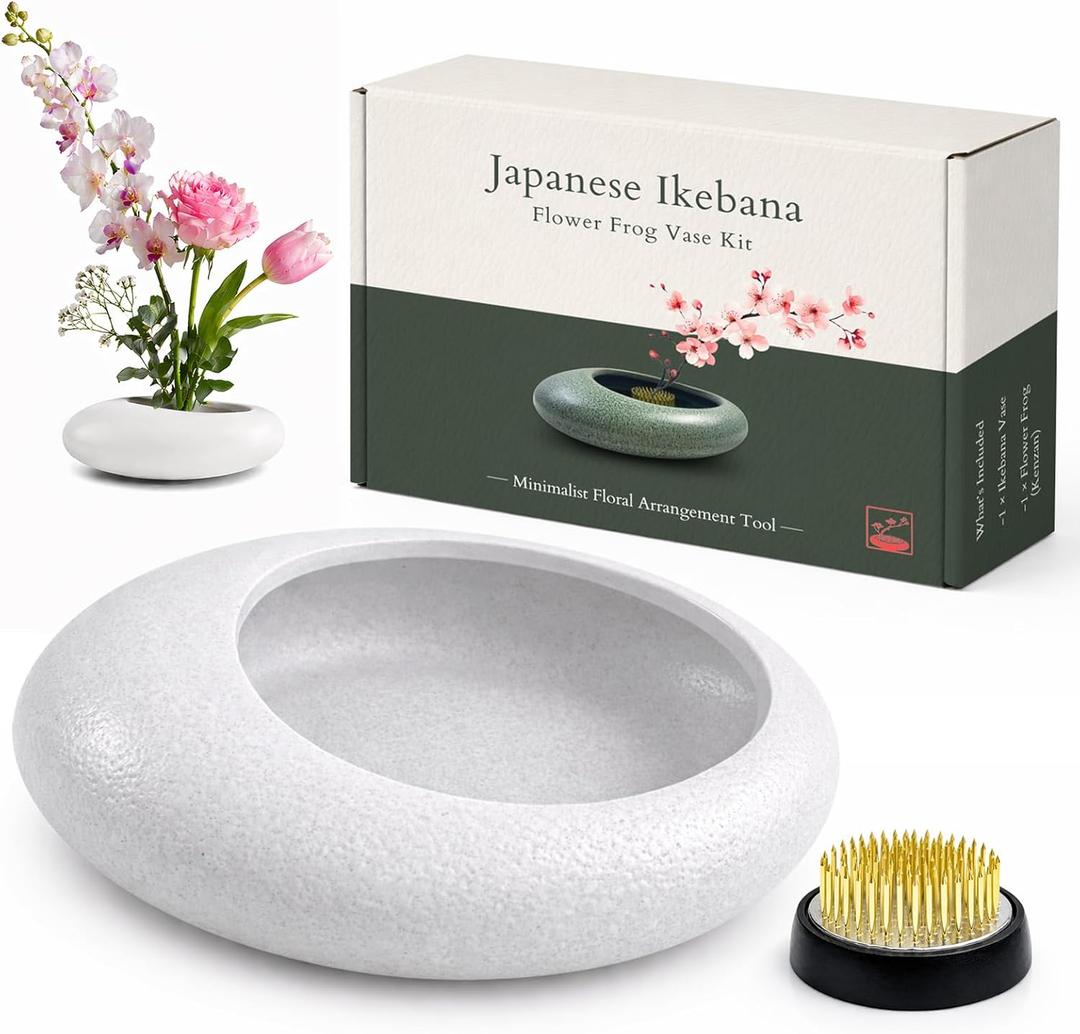 Japanese Flower Frog Vase Set Minimalist White Ceramic Flower Vase with Flower Frog, Modern Flower Arrangement Pot for Living Room Decor & Art Supplies, Gift Box for Flower Lover