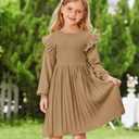 Danna Belle Girls Sweater Dress Lantern Sleeve Ruffled Fall Winter Dresses 5-12Y (Beige)
