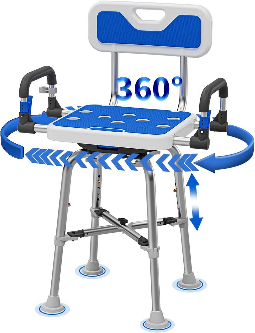 Swive Shower Chair with Arms and Back Heavy Duty 500 lbs for Seniors Elderly Disabled or Bariatric Adults Bench Seat for Inside Shower Stall and Bathroom Bath Tub Seats Adjustable Stool (360 Swive Shower Chair with Arms)