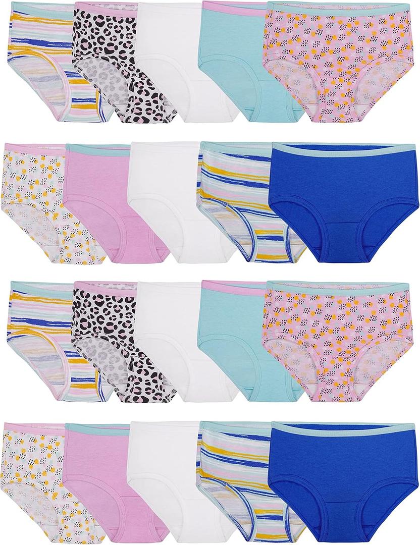 Fruit of the Loom Girls' Cotton Brief Underwear, Multipack (6, Brief - 20 Pack - White/Stripes/Animal Print)