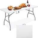 6FT Folding Camping Table Portable 350lbs, 6 Foot Folding Picnic Card Table for Outdoor, Plastic Rectangular Dining Work Tables for Indoor, Heavy Duty Fold-in-Half Tray Tables, 71x29 inch