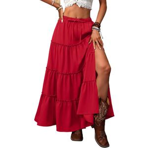 ELLEVEN Women's Summer Slit Tiered Maxi Skirt - Boho A-Line Elastic Waist Long Skirts with Pockets, X- Large 