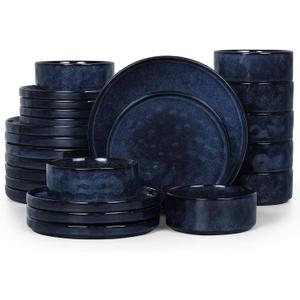 LIANYU 24 Pcs Plates and Bowls Sets for 8, Stoneware Dinnerware Dish Set, Dinner Dishware for Dessert Salad Pasta, Microwave & Dishwasher Safe, Cetacean Blue
