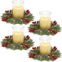 4 Pcs Christmas Candle Rings, 3.7 Inch Center Xmas Artificial Candle Rings Wreath Cedar Berries Snowy Pine Needles, Candles Rings Holder for Table Centerpiece Winter Home Party Kitchen Window