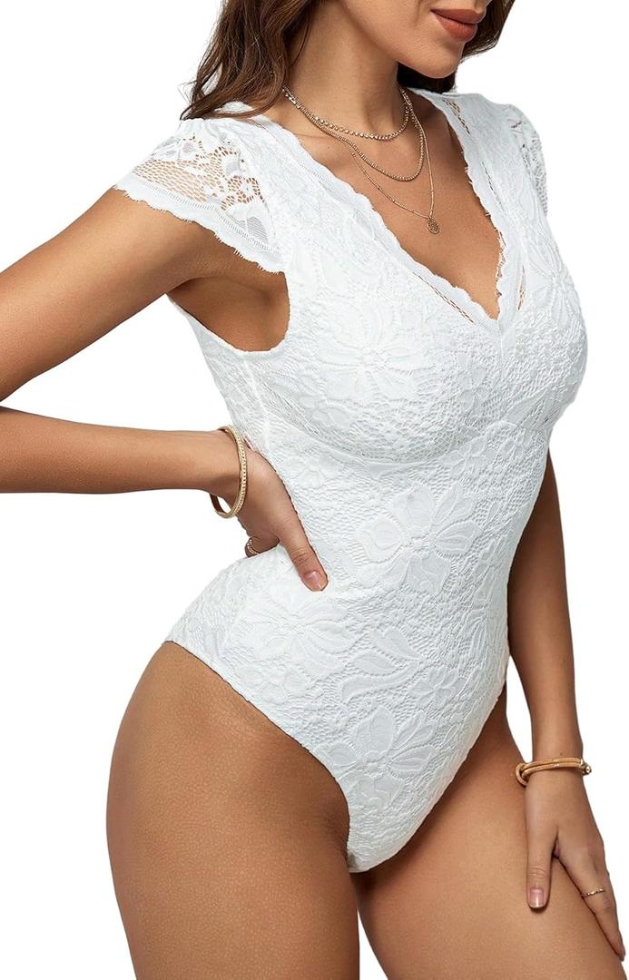 SweatyRocks Women's Contrast Lace Short Sleeve Bodysuit V Neck Slim Fit Elegant Jumpsuit Shirts White X-Small
