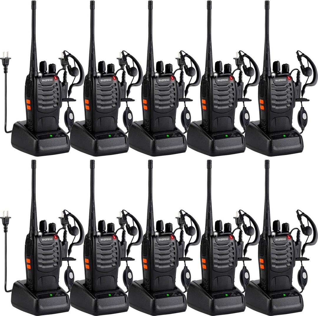 Baofeng Walkie Talkies 888S Rechargeable Long Range with Earpieces for Adults, 16 Channel Professional Radio Handheld Two Way Radios Li-ion Battery and Charger Included (10pack with 10earpiece)