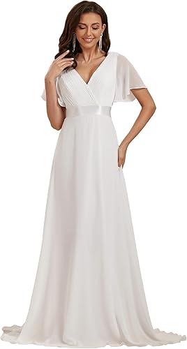 Ever-Pretty Women's Classic Chiffon Short Sleeve Pleated V-Neck Floor Length Bridesmaid Dresses 09890 (18, White)