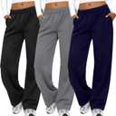 3 Packs Women's Wide Leg Pants Built-in Drawstring Sweatpants Soft Baggy Lounge Yoga Pants with Pockets (X-Large, Black, Light Mixed Gray, Navy Blue)