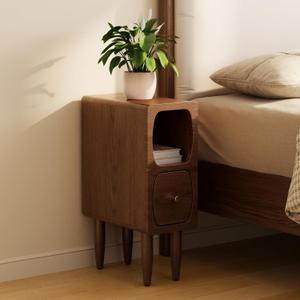 Solid Wood Skinny Nightstand Slim Nightstand with Drawer,Modern Narrow Bedside Table,Narrow Skinny Side Table for Bedroom,Walnut
