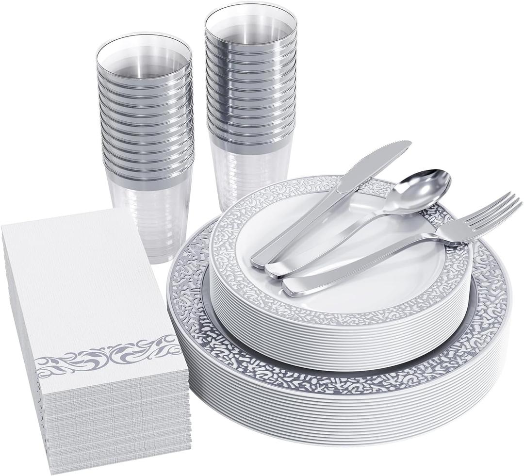 FOCUSLINE 175 Ct Silver Dinnerware Set for 25 Guests, Plastic Plates with Silver Lace Rim Design, Including 25 Disposable Dinner & Dessert Plates, Cups, Napkins, Cutlery Set