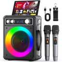 VOSOCO Karaoke Machine, Portable Bluetooth Karaoke Speaker with 2 Wireless Microphones, PA System for Adults Kids with LED Lights, Supports FM/AUX/USB/TF for Home Party