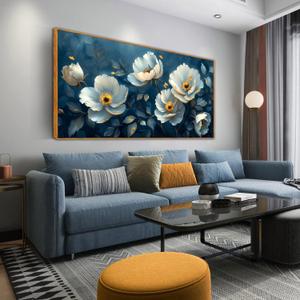 Ouzzlie Large Flower Wall Decor Blue Wall Art for Living Room Office Gold Butterfly Picture Artwork Canvas 29" x 59" (White)