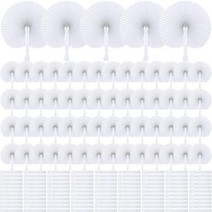 MCEAST 160 Pack Folding Wedding Paper Fans White Handheld Folding Fan Round Shaped Wedding Fans with Plastic Handle for Wedding Birthday Party Favors Supplies Home Decoration (Round)
