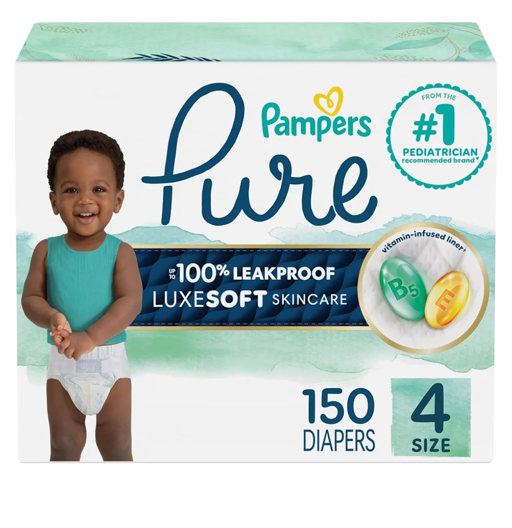 Pampers Pure Protection Baby Diapers, Size 4, 150 Count, Up to 100% Leakproof, Premium Plant-based Skin Protection, Hypoallergenic Soft Diapers
