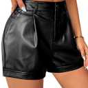 Avanova Women Faux Leather High Waisted Shorts Pleated Casual Summer Shorts (Black, XL)