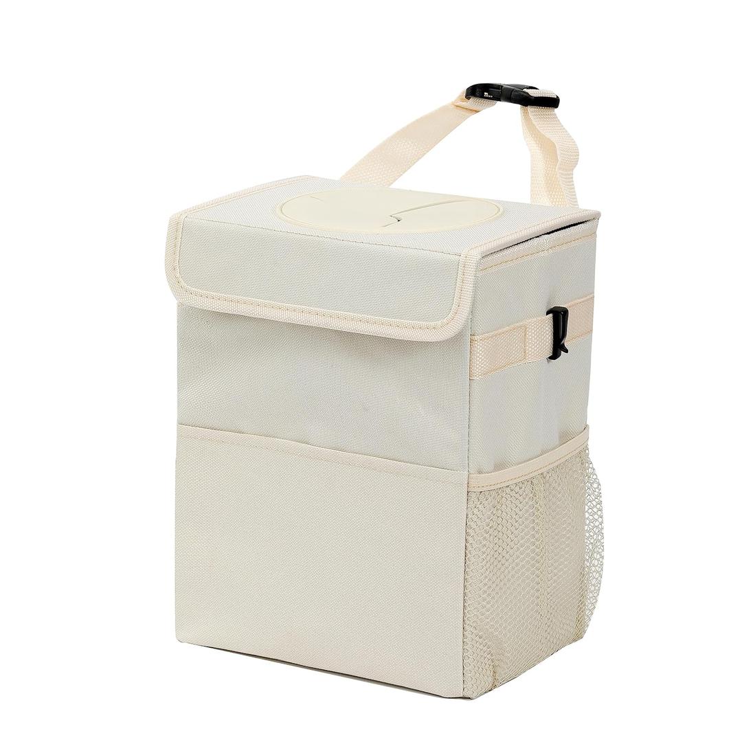 Car Garbage can with lid Leak Proof Vehicle Trash Can 3 Storage Pockets Hanging Waterproof car Trash Bag for SUV Beige
