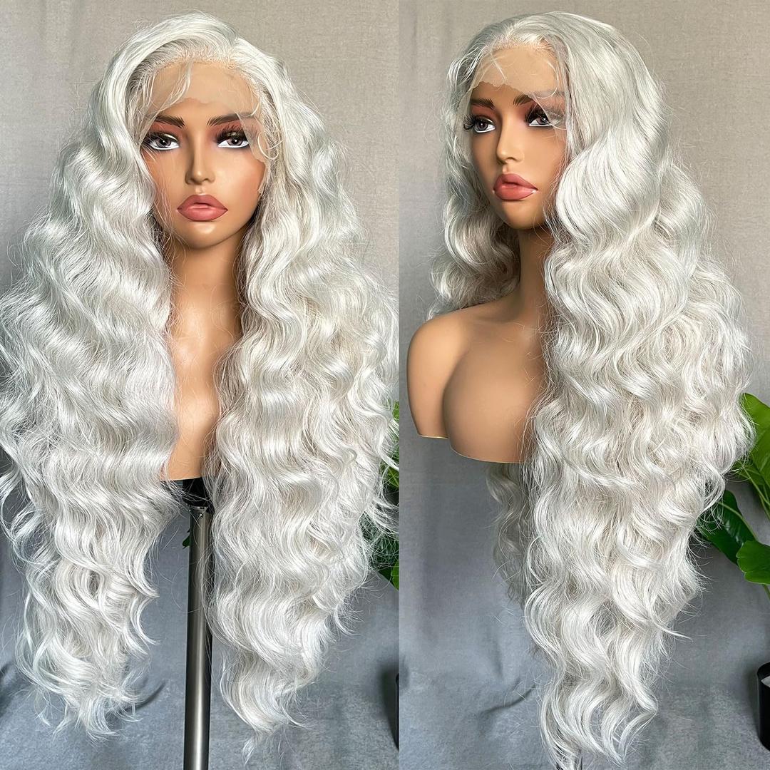 SOKU 13x6 Lace Frontal Wig 32 Inch Sliver Color Boby Wave Pre-plucked Hairline with Baby Hair Transparent Lace Heat Friendly Synthetic Light Grey Lace Front Wavy Wigs for Women Christmas Gift