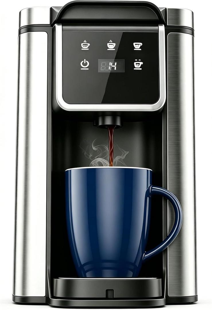 Karosie Single Serve Hot & Iced Coffee Maker for K Cup and Grounds, Single Cup 6-14 Oz Brew Sizes, 50oz Removable Tank, Descaling Reminder, Stainless Steel, Black