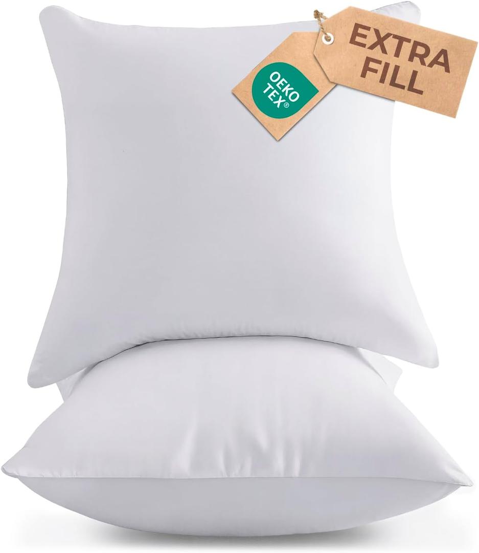 Throw Pillow Inserts 18x18 Set of 2 - Fluffy Down Alternative Fill - 10% More Fill Than Standard Loft - Plump Bounce-Back Support for Indoor & Outdoor Use - Hypoallergenic & Machine Washable - White