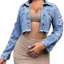 FairBeauty Women's Washed Distressed Denim Jacket Long Sleeve Ripped Button Up Cropped Jean Jacket (D-Blue, Large)