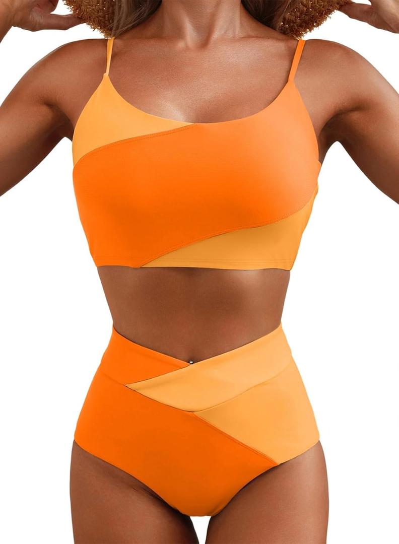 Herseas Women 2 Piece High Waisted Bikini Sets Color Block Popular Swimsuit 2026 Summer Beach Best Bathing Suits (Orange, M)