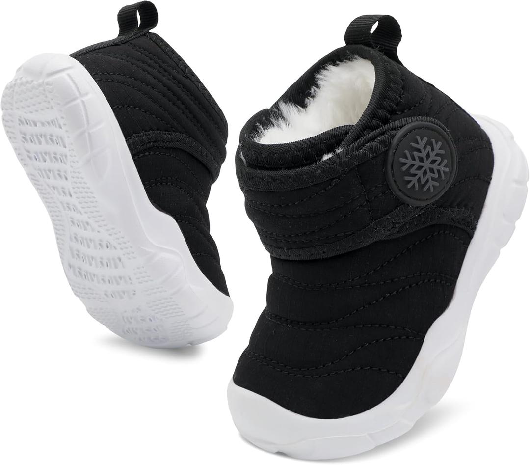 Barefoot Baby Boys Girls Boots Warm Winter House Shoes for Toddler Girls Boys Waterproof Fleece Kids Snow Boots Faux Fur Infant Booties Walking Shoes for Indoor Outdoor (Black)