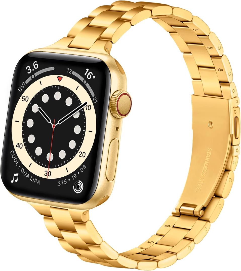 Lenrao Thin Stainless Steel Bands Compatible with Apple Watch 38mm/40mm/41mm/42mm(Series 11 10) for Women, Metal Straps for iWatch Series 11 10 9 8 7 6 5 4 3 2 1 SE (Gold)