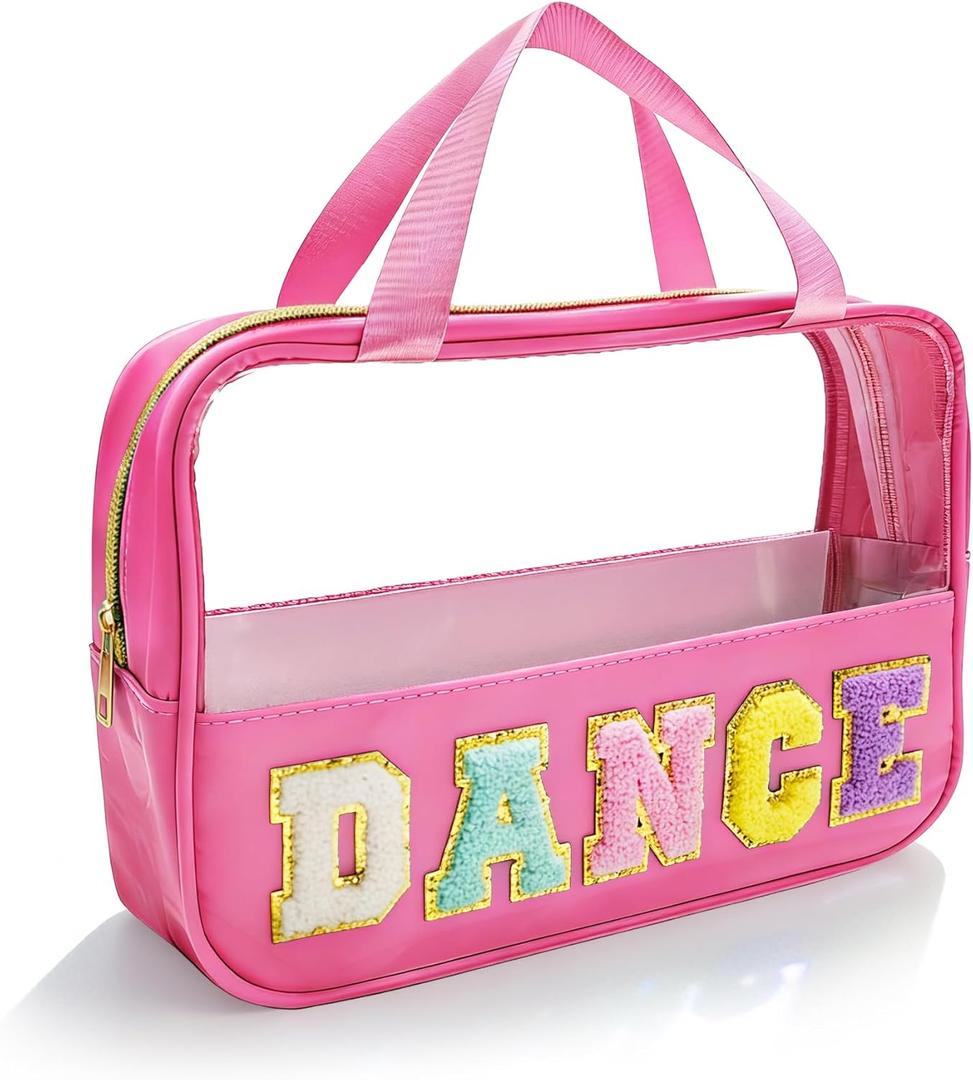 Dance Makeup Bag, Dance Recital Gifts for Girl Women, Chenille Letter Patch Clear Ballet Cosmetic Bag with Handle and Zipper, Waterproof Nylon Travel Toiletry Make Up Bag, Dance Competition Must Haves