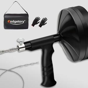 50 FT Drain Snake Auger - Flexible & Powerful Snake Drain Hair Remover Tool, for Kitchen, Shower & All Drains - Manual or Drill-Powered with Gloves, Storage Bag (Black)