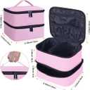 Double Layer Makeup Bag Portable Large Cosmetic Case Organizer with Adjustable Dividers Storage Travel Bag for Accessories Brushes Conditioner and Skin Care Products (Pink)