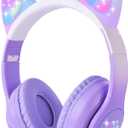 Kids Bluetooth Headphones with LED Cat Ears, Wireless/Wired Mode Headphones for Kids, Foldable Stereo Over Ear Headphones with Built-in Mic for School Birthday Xmas Gift (Purple)