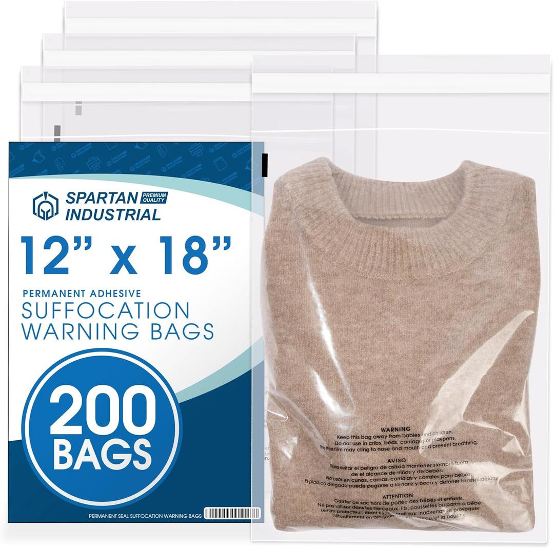 Spartan Industrial - 12 X 18 (200 Count) Self Seal Clear Poly Bags with Suffocation Warning for Packaging, Clothes - Permanent Adhesive