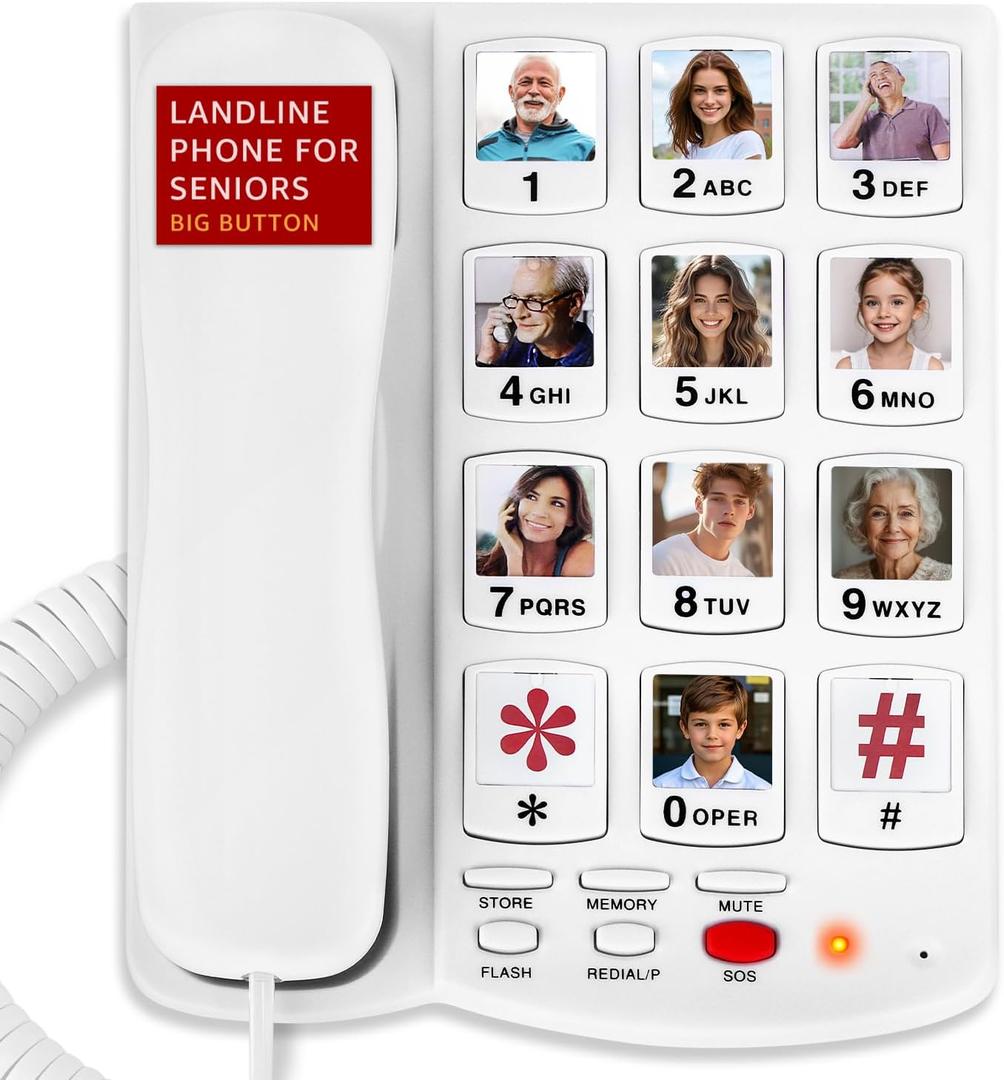 Big Button Phone for Seniors, Uvital Senior Landline Phones for Elderly with 10 One-Touch Dialing Big Buttons, Corded Landline Telephone with SOS Emergency Button, Replaceable Photo, Adjustable Volume