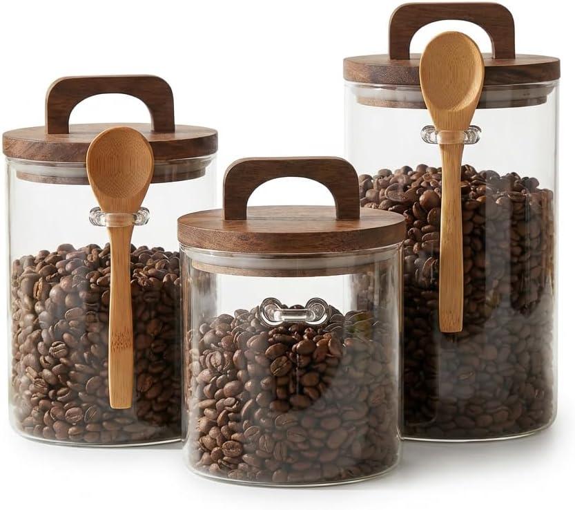 Glass Food Storage Canisters with Airtight Bamboo Lids Set of 3 Clear 34oz Jars with Wooden Spoons, Stackable Kitchen Storage Containers for Coffee, Tea, Sugar, Flour, and Pantry Organization