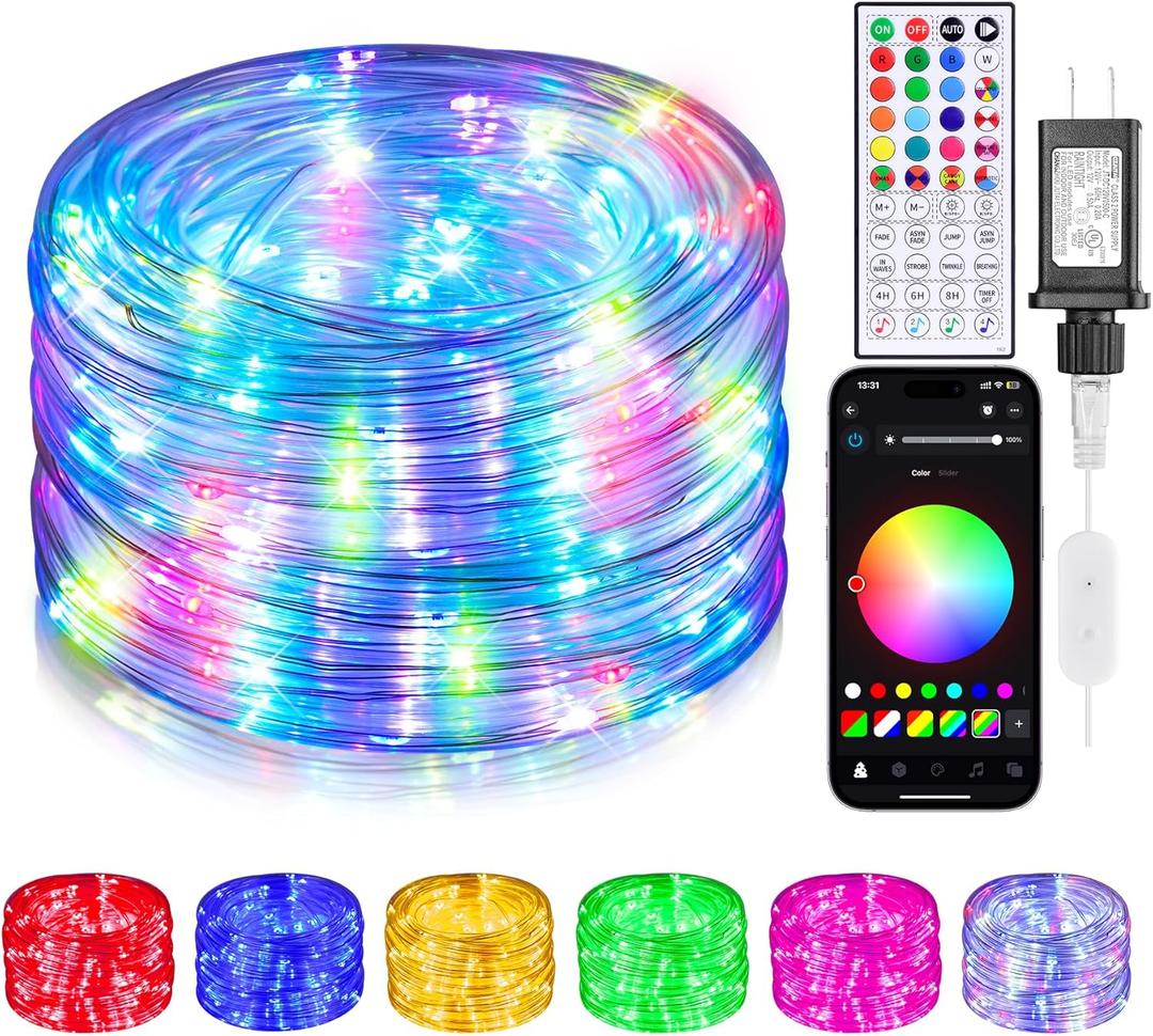 Rope Lights Outdoor Color Changing, 49FT 150 LED Waterproof Fairy String Light Plug in with Remote & APP Controlled, Music Sync Christmas Lighting for Outside Indoor Bedroom Halloween Decor